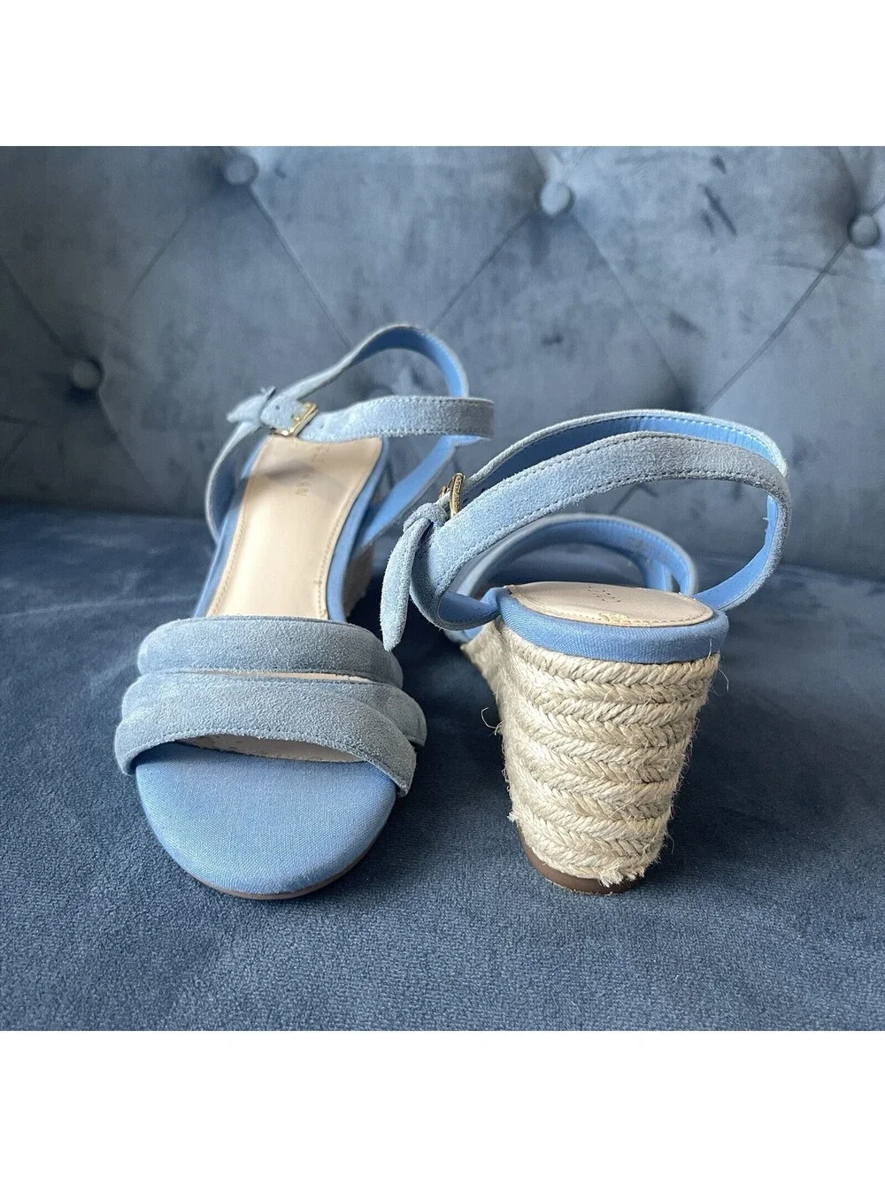 Cole Haan Woman's 6B Jasmine  Espadrille Wedge Blue Suede Gold 3” Heel Sandals